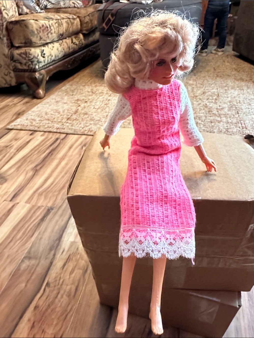 Handmade Pink Knit Doll Dress with White Lace Trim